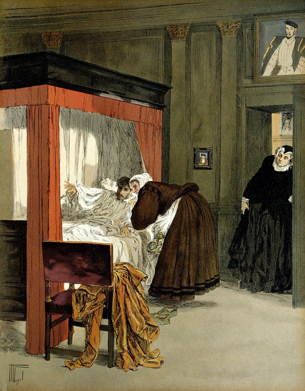 Kaarle IX (1550-1574), Ranskan kuningas, kuolee sairaanhoitajansa kanssa. Hermann Vogelin (1856-1918) kuvitus teoksessa "" Henri IV"" tekijältä Hermann Vogel