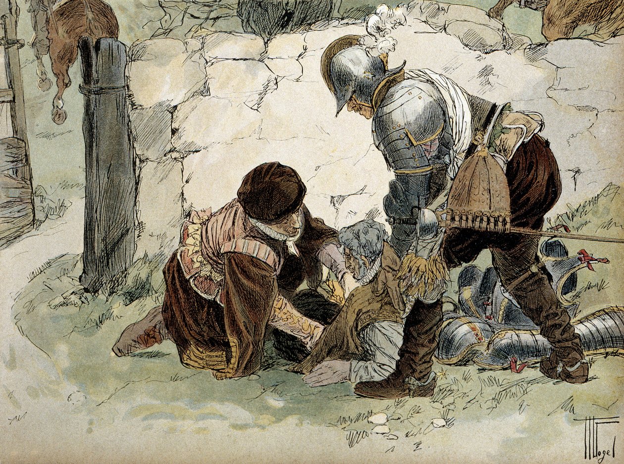 Henri IV (1553-1610) loukkaantui tiedustelussa Aumalessa Mayennen armeijaa vastaan. Hermann Vogelin (1856-1918) kuvitus teoksessa "" Henri IV"" tekijältä Hermann Vogel