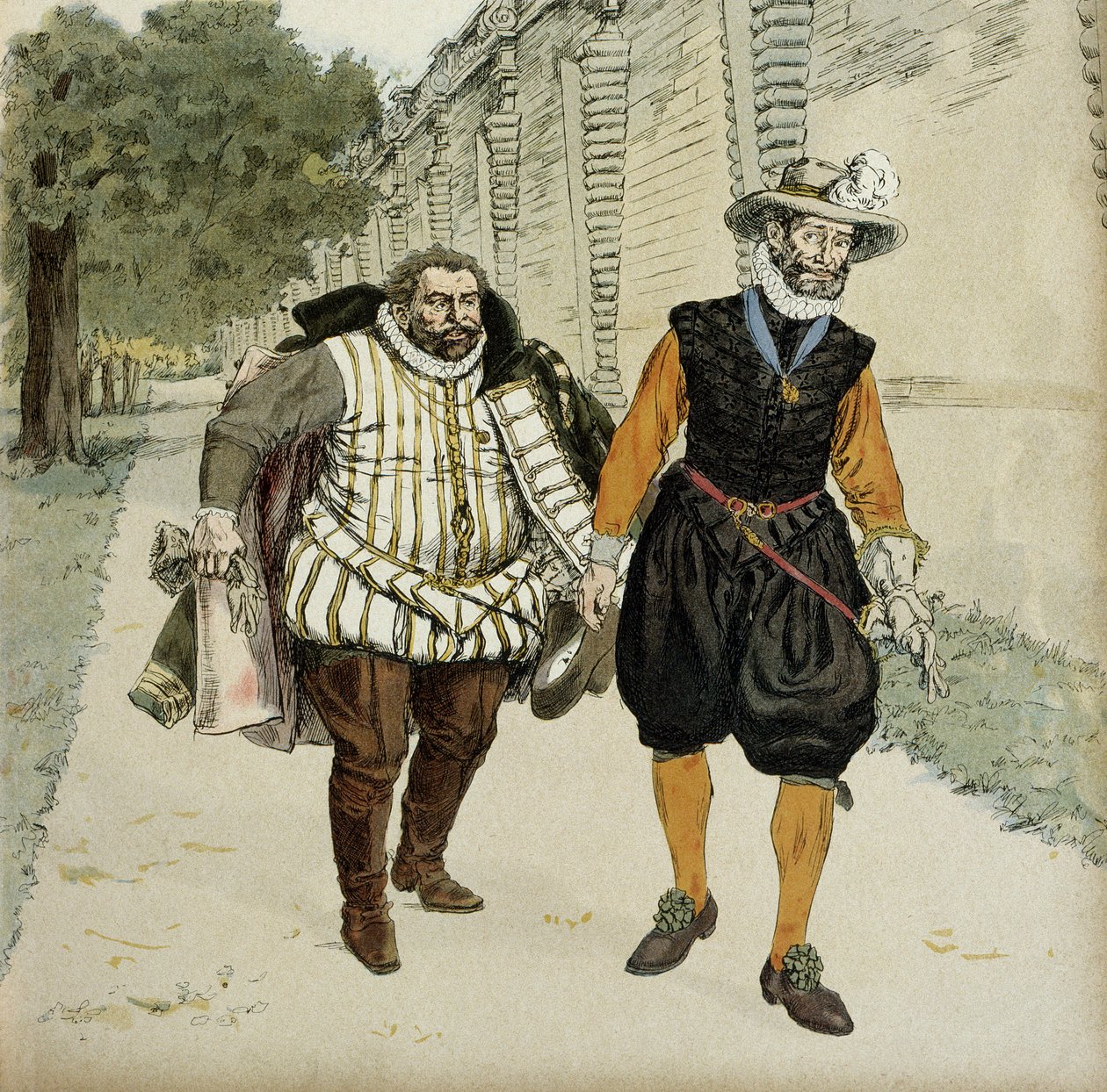 Henrik IV (1553-1610) ja Charles de Lorraine, Mayennen herttua (1554-1611). Ensimmäinen sovintohaastattelu kahden vihollisen, Mayennen, legueurs-johtajan ja kuninkaan välillä Chateau de Montceaux