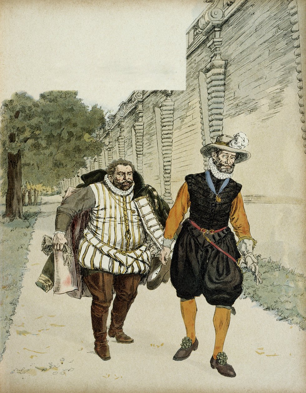 Henrik IV (1553-1610) ja Charles de Lorraine, Mayennen herttua (1554-1611). Ensimmäinen sovintohaastattelu kahden vihollisen, Mayennen, legueurs-johtajan ja kuninkaan välillä Chateau de Montceaux