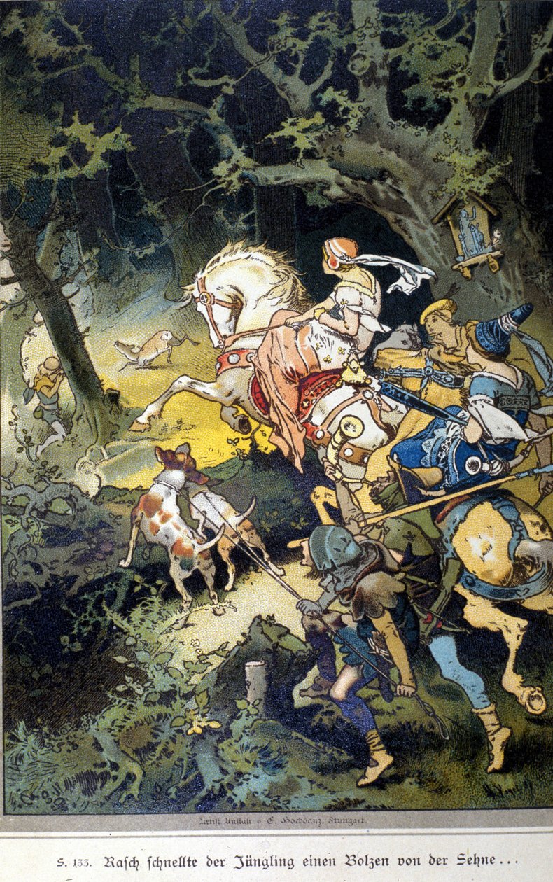Kuvitus Vogelista veljien Jacob (1785-1863) ja Wilhelm (1786-1859) Grimmin tarinaan tekijältä Hermann Vogel