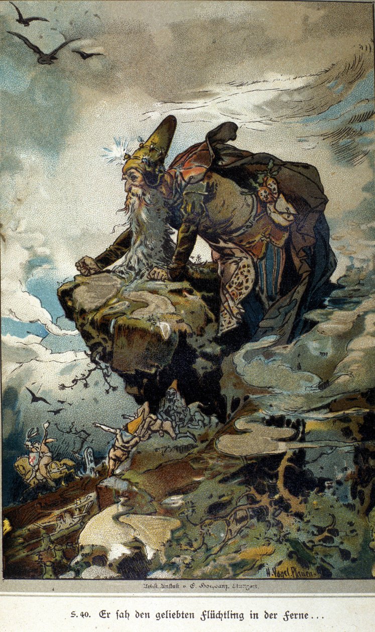 Kuvitus Vogelista veljien Jacob (1785-1863) ja Wilhelm (1786-1859) Grimmin tarinaan tekijältä Hermann Vogel