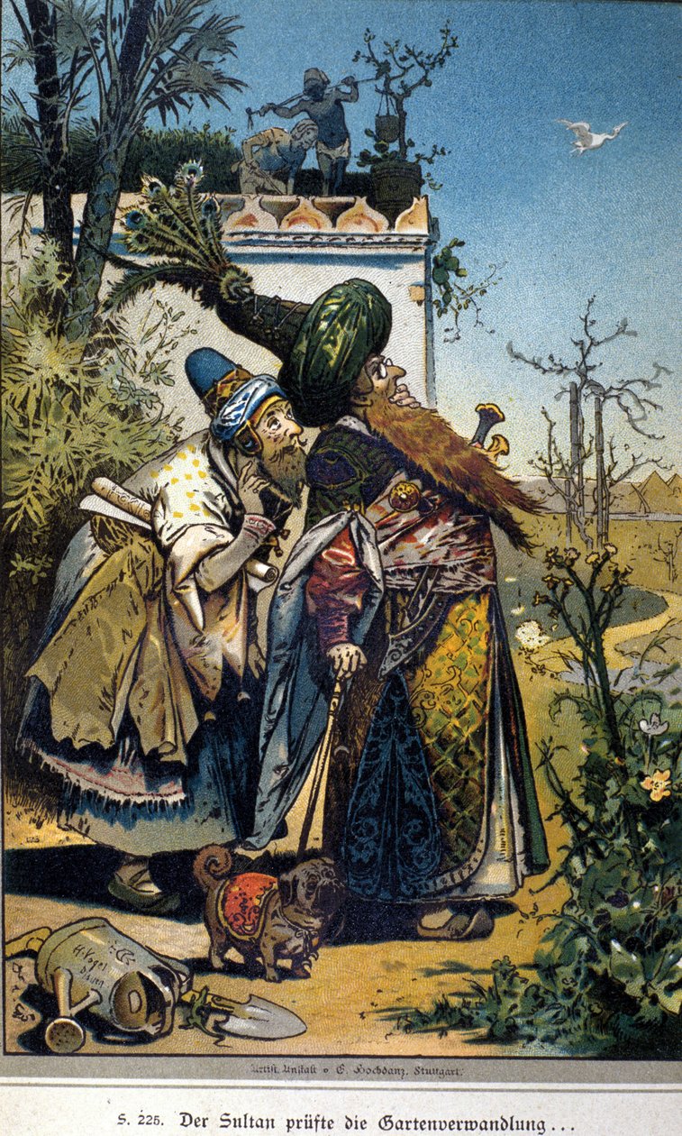 Kuvitus Vogelista tarinaan veljekset Jacob (1785-1863) ja Wilhelm (1786-1859) Grimm: "Vanha sulttaani" tekijältä Hermann Vogel
