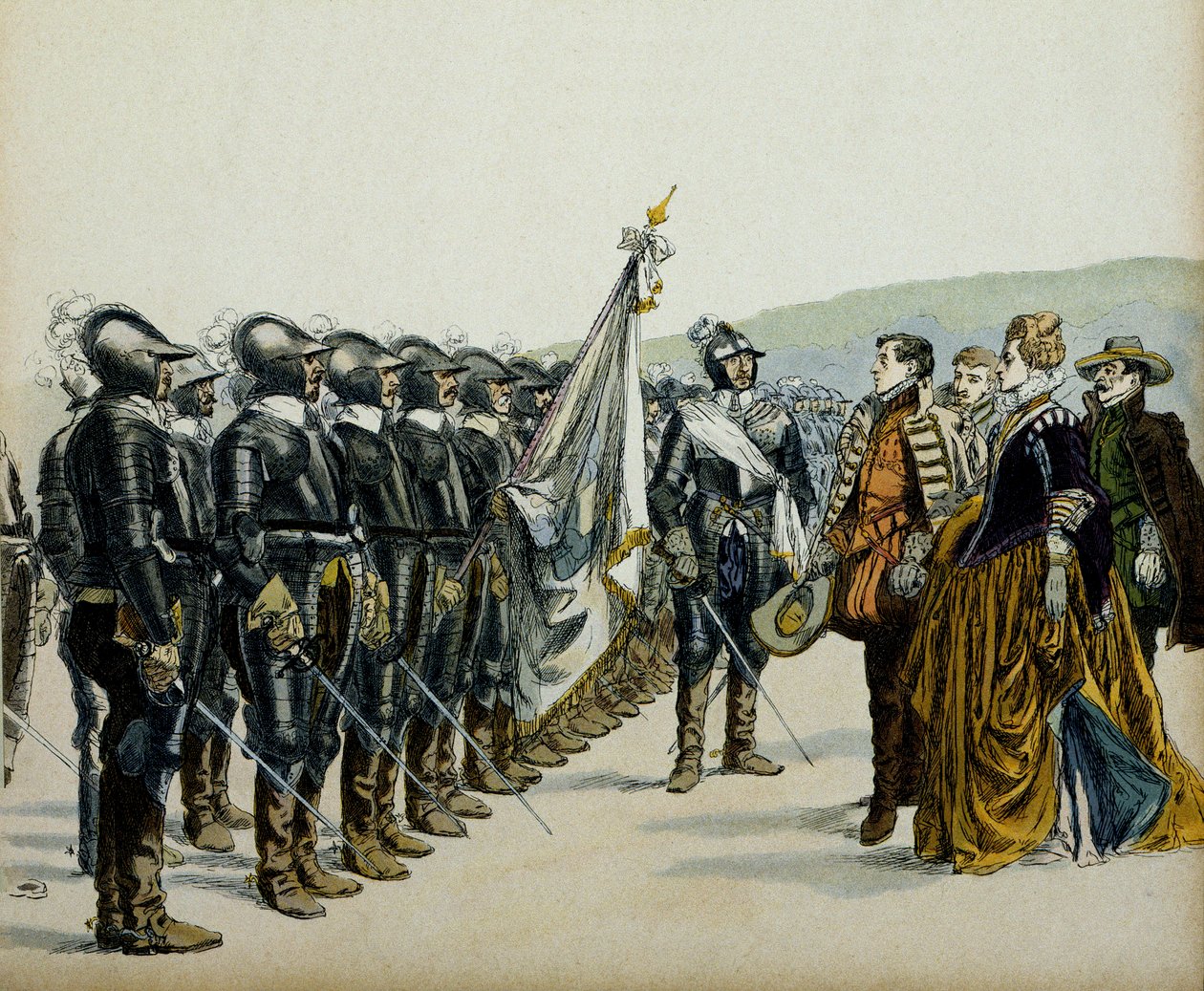 Joan of Albret tai Joan III Albretista (1528-1572) ja hänen poikansa Henrik IV (1553-1610) ennen hänen protestanttisia joukkojaan. Hermann Vogelin (1856-1918) kuvitus teoksessa "" Henri IV"" tekijältä Hermann Vogel