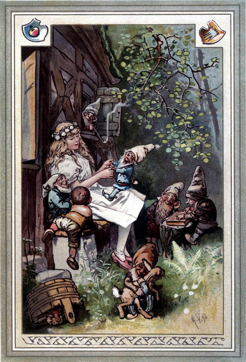 Kinder und hausmarchen (Tarina lapsuudesta ja kodista) (1812): Grimm-veljesten satuja. Kansi Hermann Vogelista 1894, joka edustaa Lumikki ja seitsemän kääpiötä. tekijältä Hermann Vogel