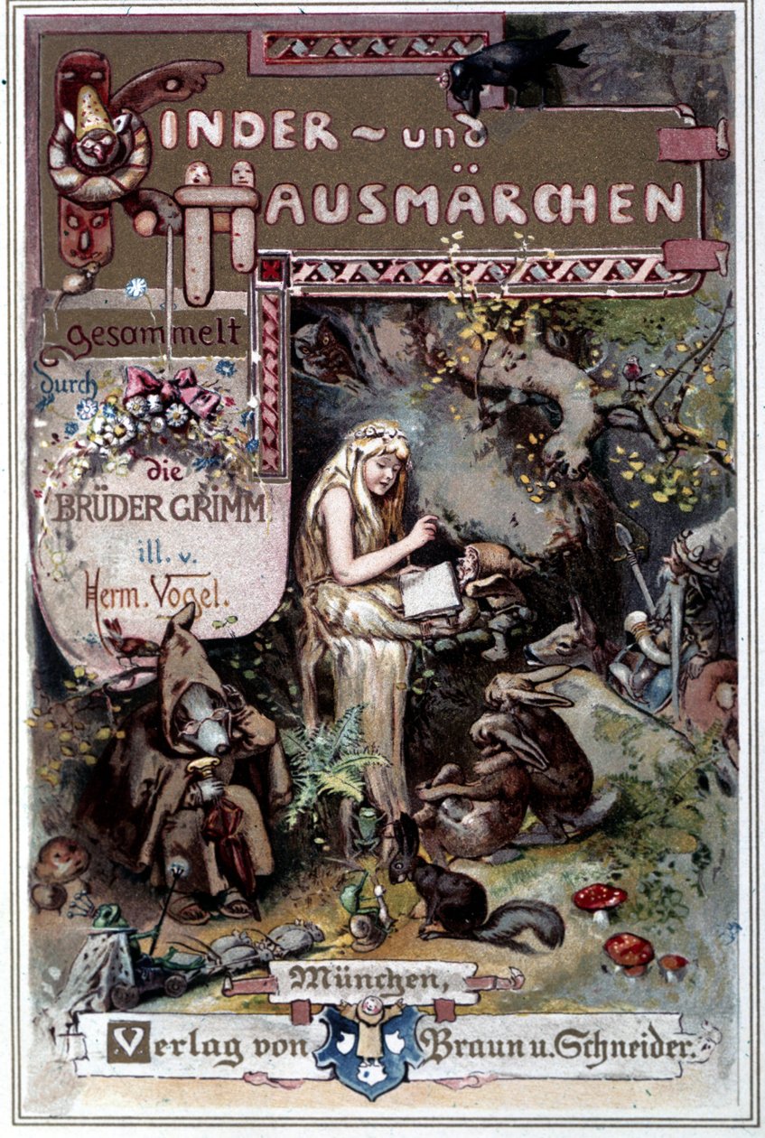 Kinder und hausmarchen (Tarina lapsuudesta ja kodista) 1812: Grimmin veljien sadut. Hermann Vogelin kansi vuodelta 1894, joka kuvaa Lumikki. tekijältä Hermann Vogel