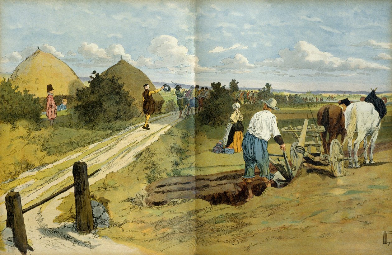 Talonpojat näkivät Henrik IV:n (1553-1610) kuninkaallisen armeijan vangitsemien ryöstöjen ja ryöstäjien kulkua. Kuva tekijältä Hermann Vogel