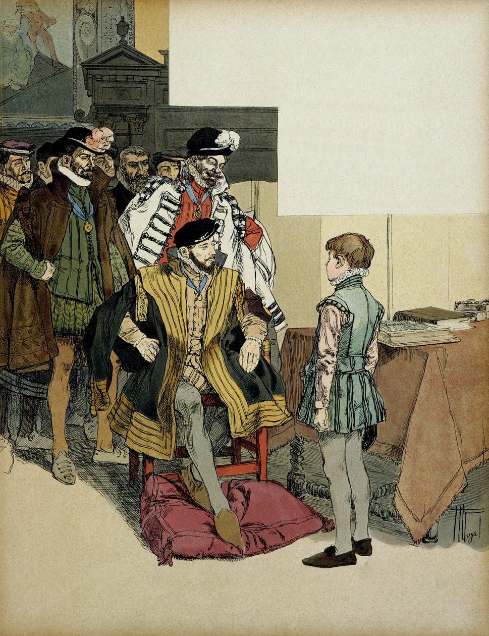 Ranskan kuningas Henri II (1519-1559) herrasmiestensä ympäröimänä haluaa kysellä Henrik IV:tä (1553-1610) lapsena hänen roolistaan. Hermann Vogelin (1856-1918) kuvitus teoksessa "" Henri IV"" tekijältä Hermann Vogel