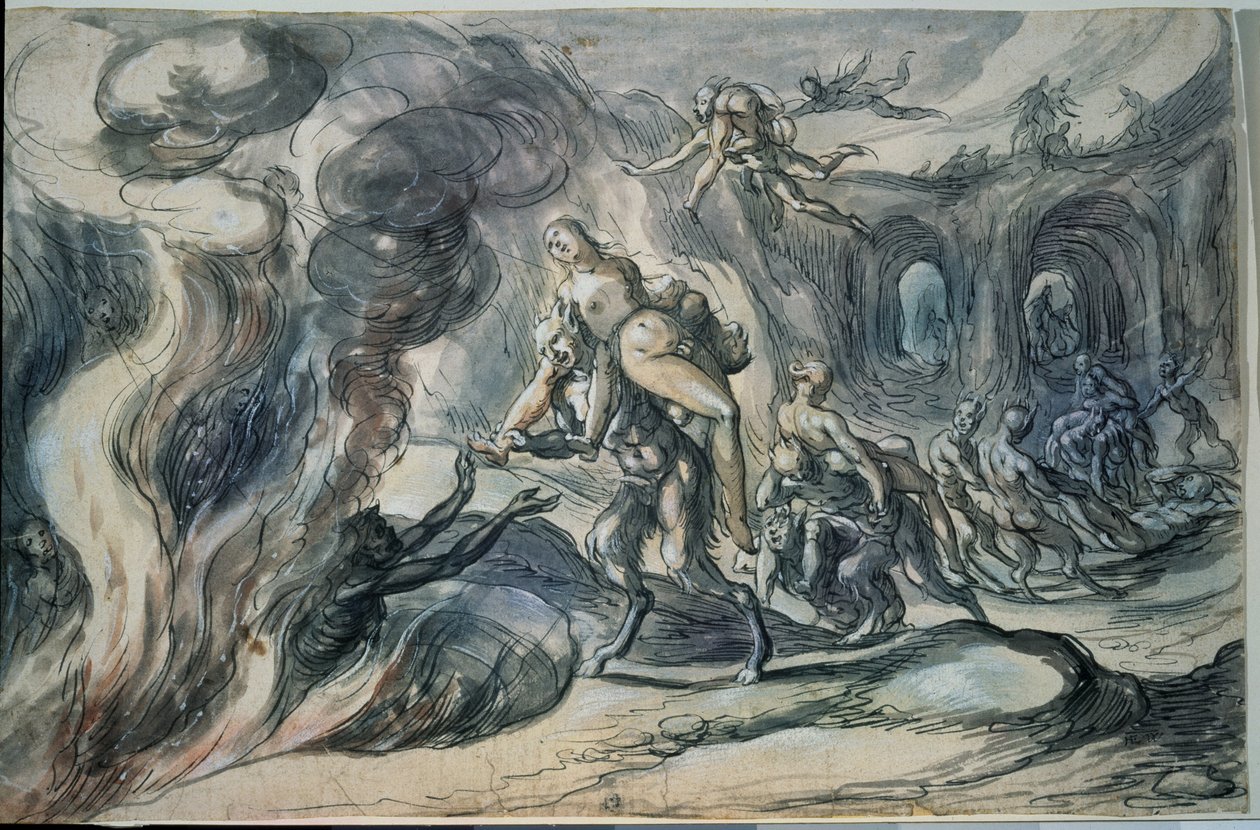 Eurydice alamaailmassa (Eurydice helvetissä). Hermann Weyerin maalaus (1596-noin 1621). Akvarelli ja muste paperille, 20,9 x 32,2 cm tekijältä Hermann Weyer