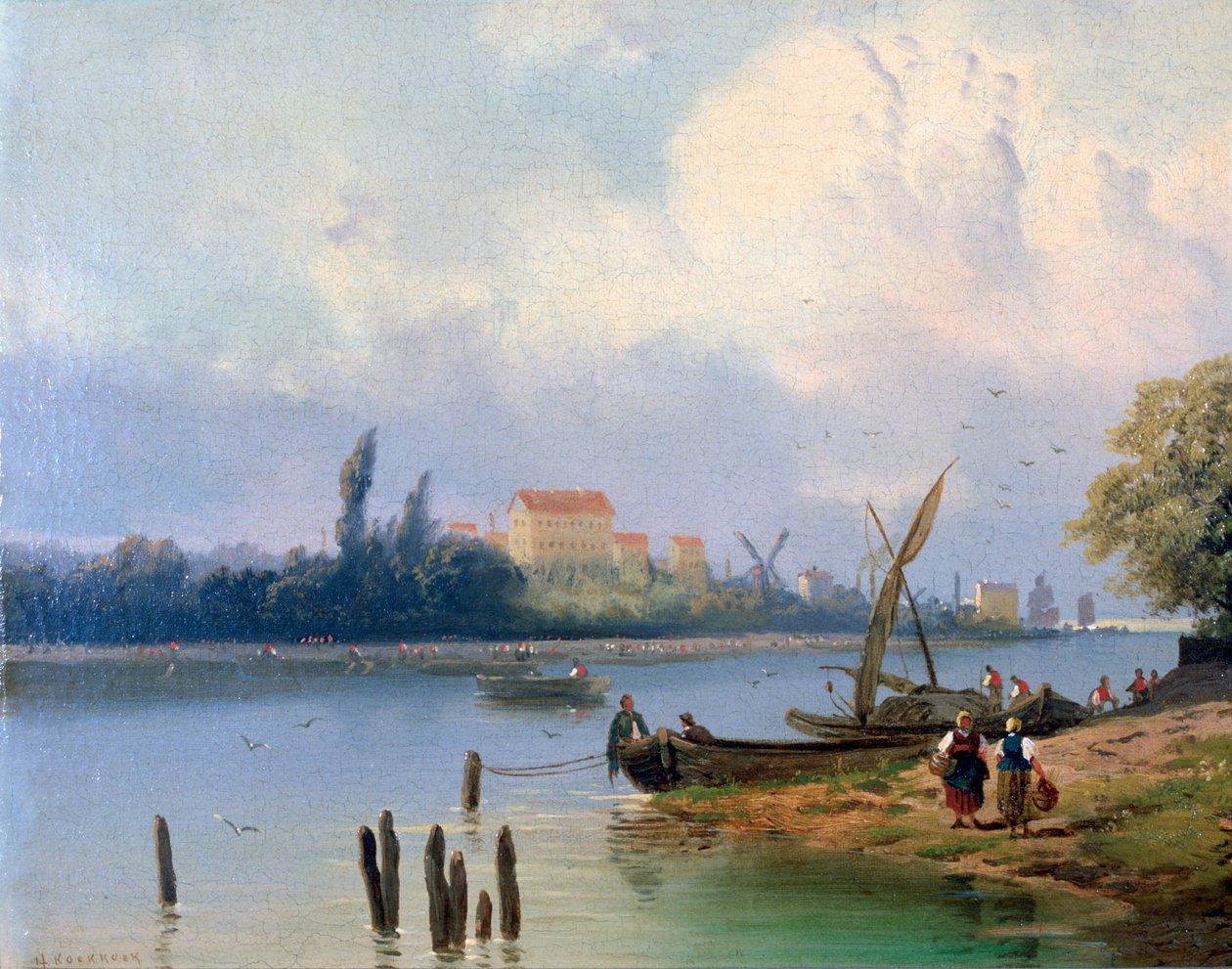 "People by the Boats in Hollannissa", n. 1835-1882 tekijältä Hermanus Koekkoek