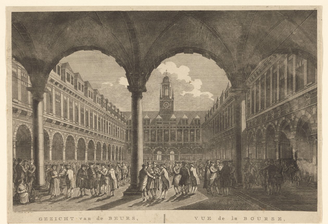 Näkymä Beurs van Hendrick de Keyserin sisäpihalle Näkymä pörssistä, Amsterdamissa / Vue de la Bourse, à Amsterdam (otsikko esineessä) tekijältä Hermanus Petrus Schouten (possibly)