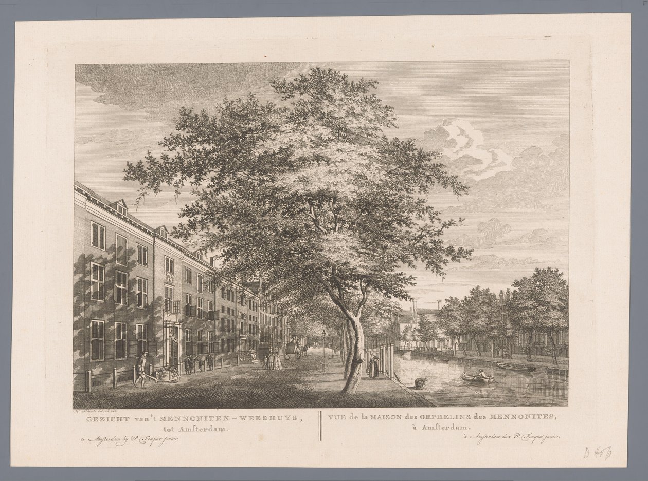 Näkymä mennoniittien orpokodista Amsterdamissa Näkymä Mennoniittien orpokodista Amsterdamiin / Vue de la Maison des Orphelins des Mennonites, à Amsterdam (otsikko esineessä) tekijältä Hermanus Petrus Schouten (possibly)