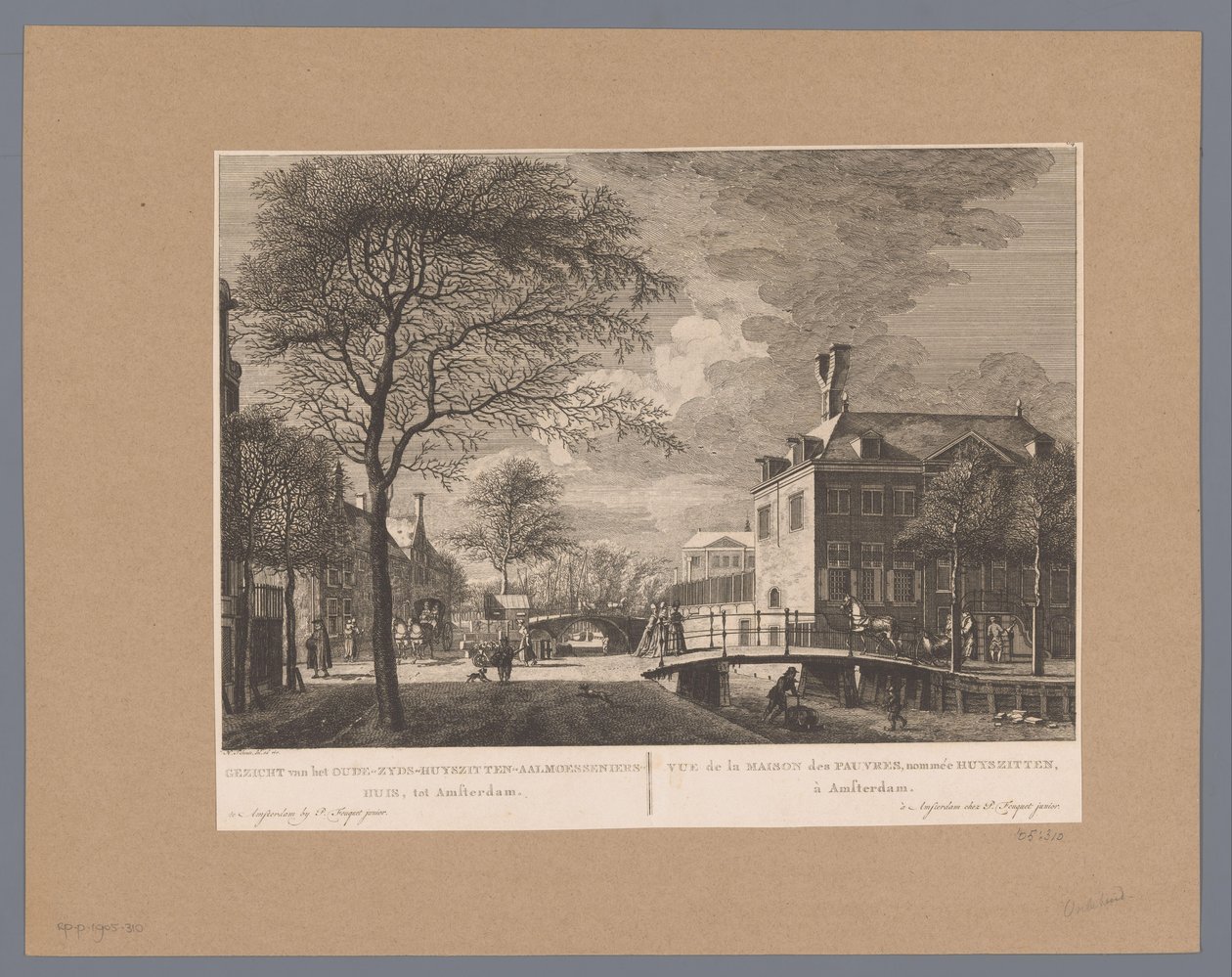 Näkymä Oudezijds Huiszithuisille Amsterdamissa Näkymä Oude-Zyds-Huysziten-Almoesseniershuis-kadulta Amsterdamiin / Vue de la maison des pauvres, nommée Huyszit, à Amsterdam (otsikko esineessä) tekijältä Hermanus Petrus Schouten (possibly)