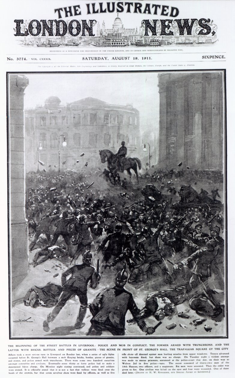 Taistelut Liverpoolin yleisessä liikennelakossa, "The Illustrated London News" -lehden kansi, 19. elokuuta 1911 (painettu) tekijältä Hermanus Willem Koekkoek