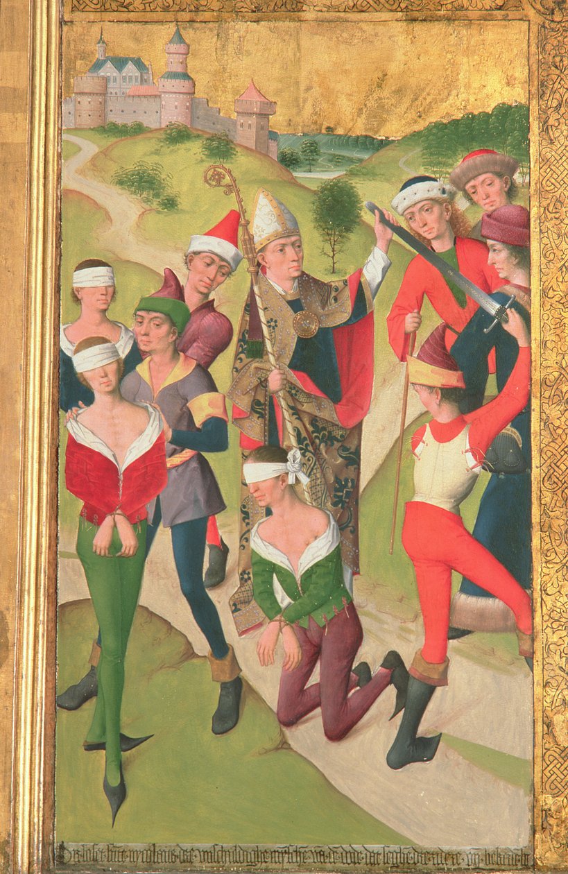 Pyhä Nikolaus pelastaa kolme viatonta miestä teloituksesta, Pyhän Nikolauksen kirkon alttarilta, 1481 (yksityiskohta) (katso 197688-91) tekijältä Hermen Rode