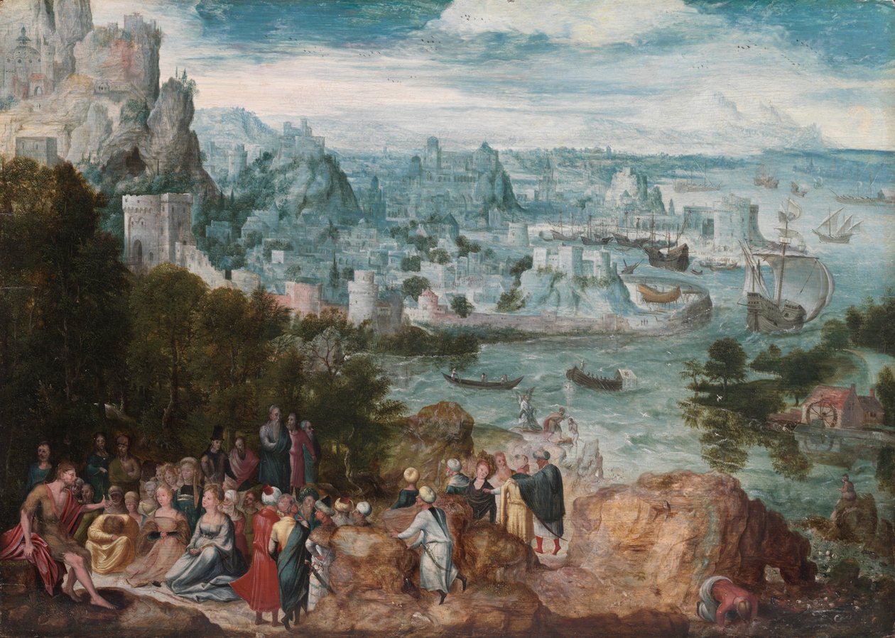 Maisema Johannes Kastajan kanssa, noin 1540 (öljy puulle). tekijältä Herri met de (c.1510 p.1550) Bles