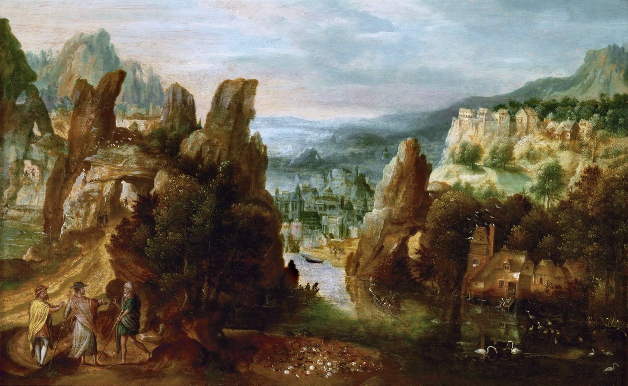 Maisema tiellä Emmaukseen - Maisema tiellä Emmaukseen - Henri de Herri met de Bles (1510-1550). Öljy puulle, n. 1535-1540. Mitat: 14,6 x 33,5 cm. Taidehistoriallinen museo, Wien tekijältä Herri met de (c.1510 p.1550) Bles
