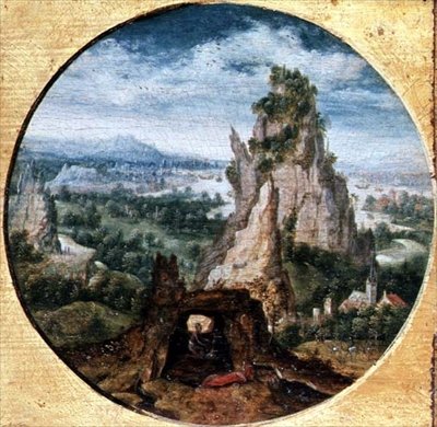 St. Jerome katumuksessa upeassa maisemassa tekijältä Herri met de (c.1510 p.1550) Bles