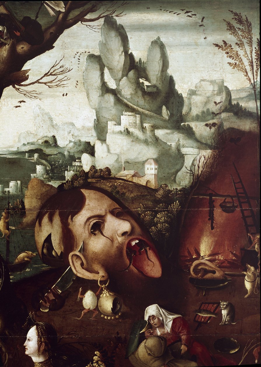 Pyhän Antoniuksen kiusaus (Temtation of St Anthony) Yksityiskohtamaalaus Henri Met de Bles dit Civetta (1480-1550) Koko 78,5x97,2 cm Venetsian museo Correr tekijältä Herri met de (c.1510 p.1550) Bles