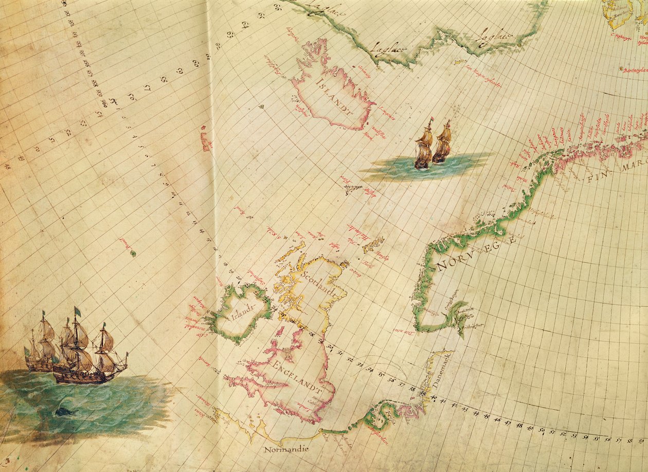 Ms. 1288 fol. 1 Polar Aurora, yksityiskohta Englannista, Irlannista ja Norjasta, hollantilaisten merikarttojen kokoelmasta tekijältä Hessel Gerritsz