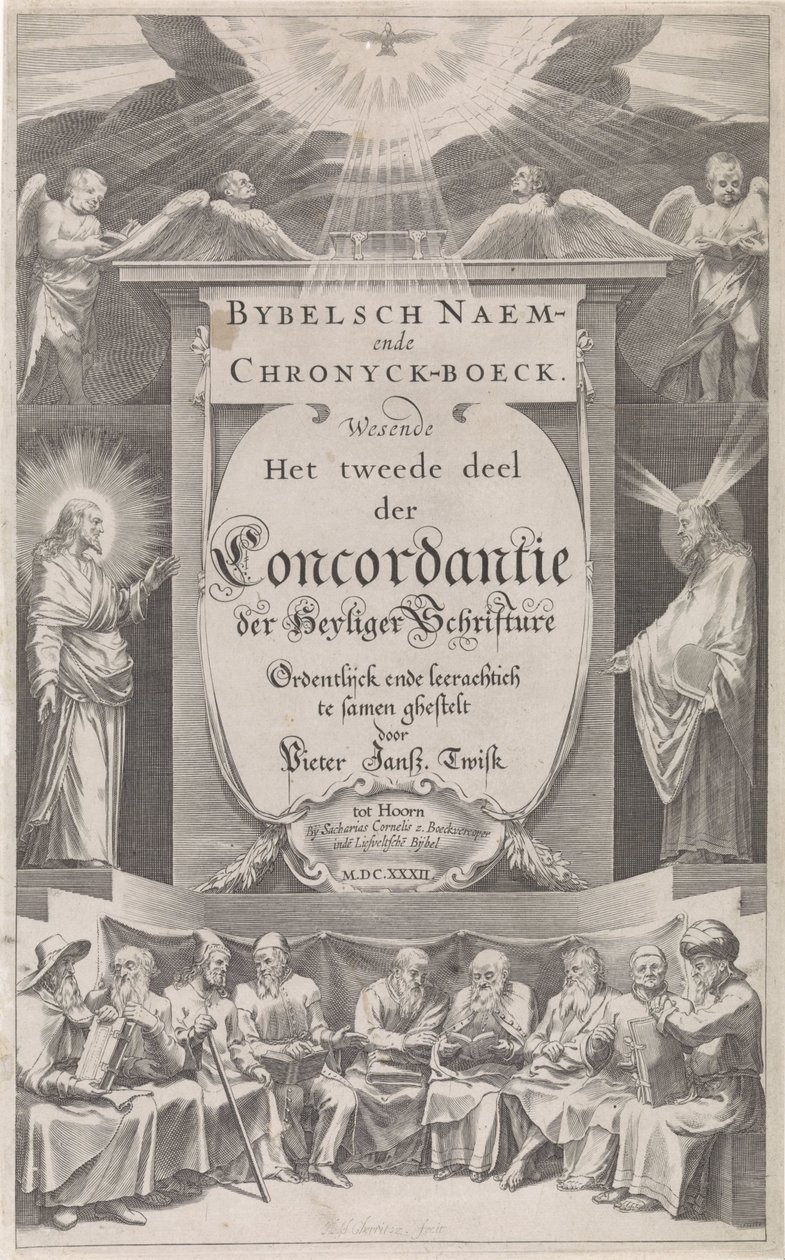 Nimisivu teokselle "Biblical Naem-en Chronijckboek, 1632" Raamatun nimi ja aikakirja (otsikko esineessä) tekijältä Hessel Gerritsz