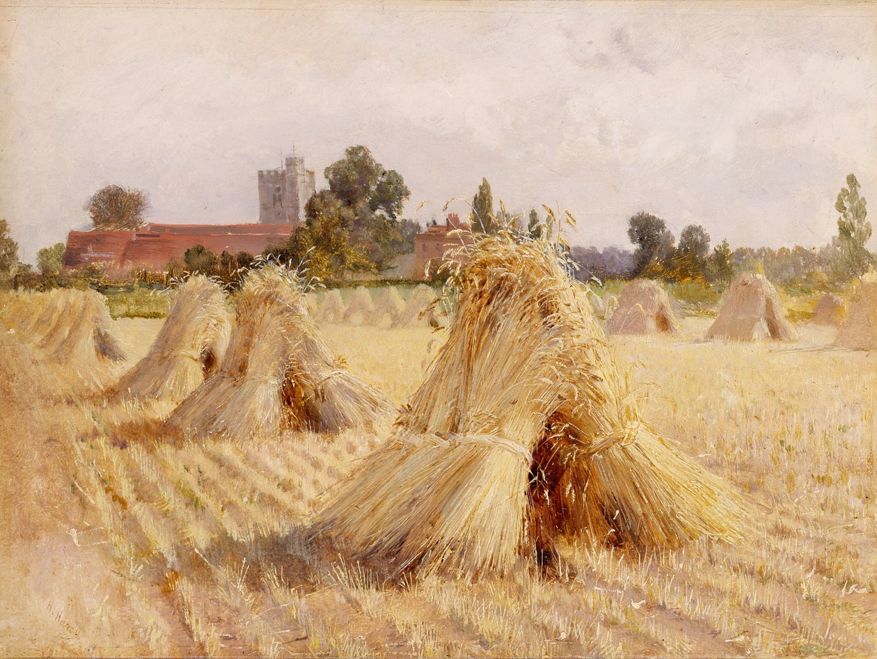 Corn Stoks by Bray Church, 1872 (öljy paperille asetettu alukselle) tekijältä Heywood Hardy