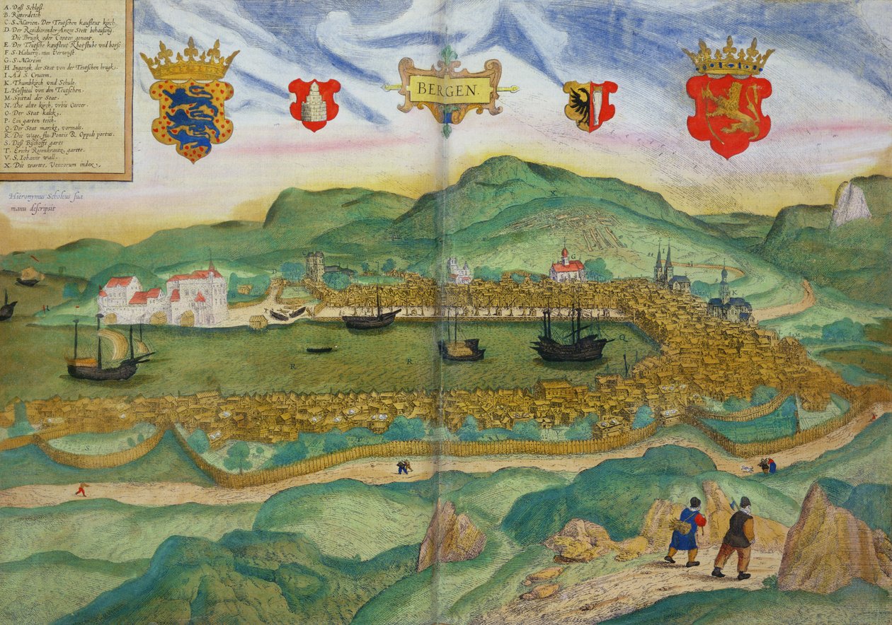 Bergenin kartta, Georg Braun (1541-1622) ja Franz Hogenbergin (1535-90) Civitates Orbis Terrarum -julkaisusta n. 1571-1600 tekijältä Hieronymous Scholeus