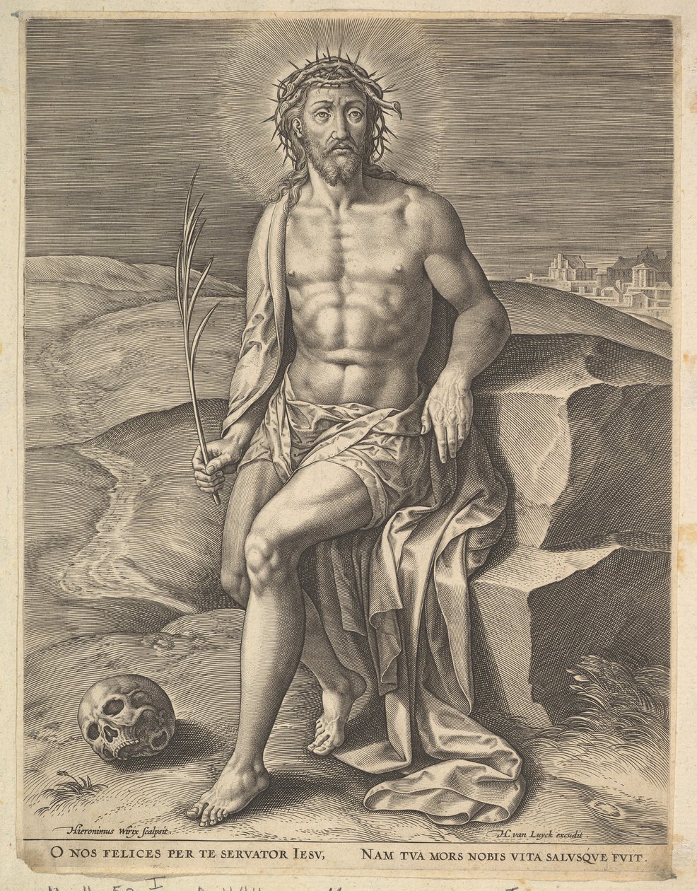 Kristus istuu kylmällä kivellä, ennen n. 1586. tekijältä Hieronymous Wierix