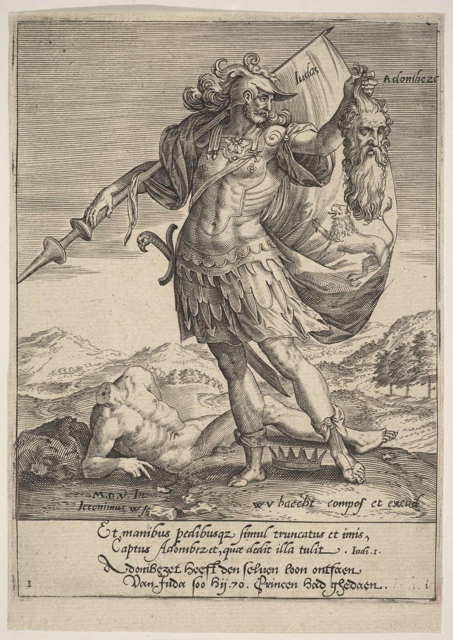Juuda Adonibezekin pään kanssa, Willem van Haechtista, Tyrannorum proemia, 1578, 1578. tekijältä Hieronymous Wierix
