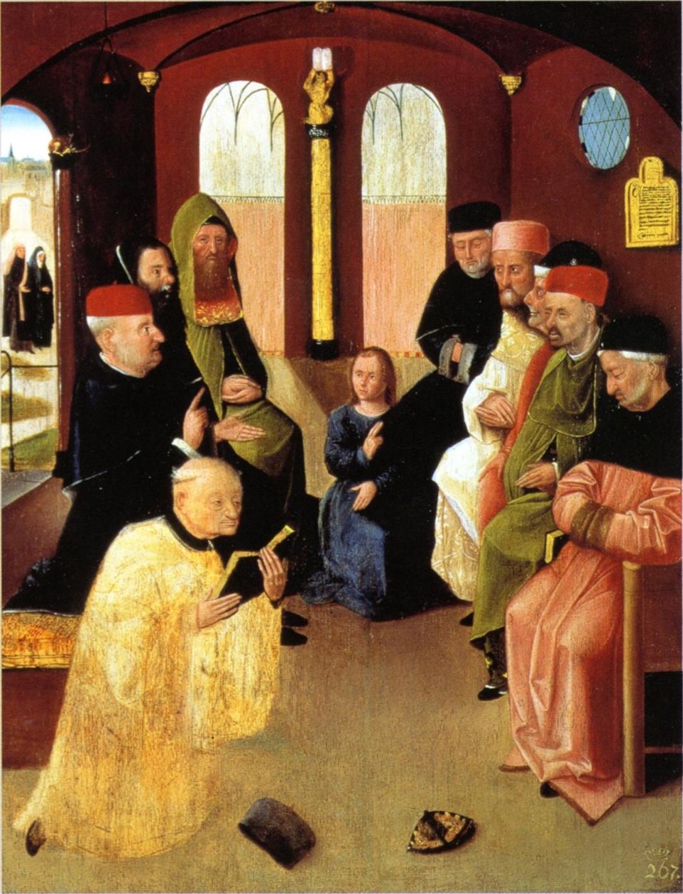 Kristukset kiistelevät temppelin lääkäreiden kanssa restauroinnin jälkeen tekijältä Hieronymus Bosch