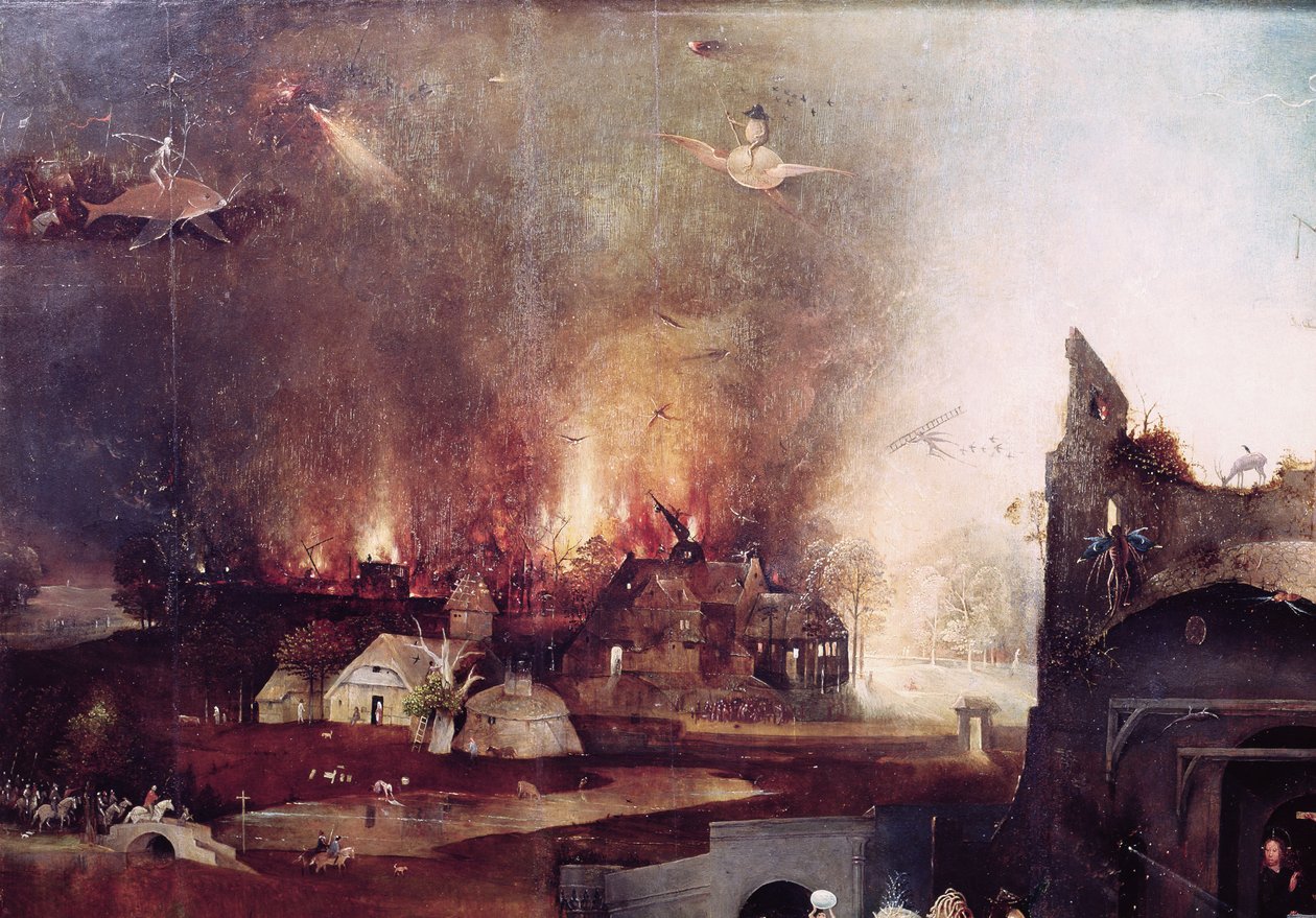 Yksityiskohta tulessa olevasta kylästä, Pyhän Antoniuksen kiusauksen sakaristosta. tekijältä Hieronymus Bosch