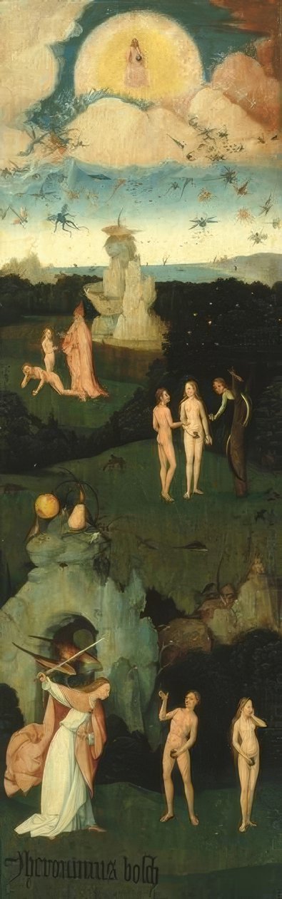 Engelsturz, Erschaffung Evas, Sündenfall, Vertreibung aus dem Paradies tekijältä Hieronymus Bosch
