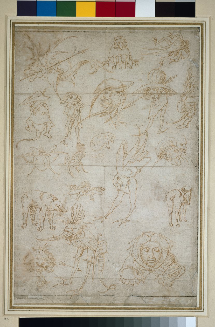 Grotesque Studies (recto), 1400-luku (kynä ja bistre paperilla) tekijältä Hieronymus Bosch