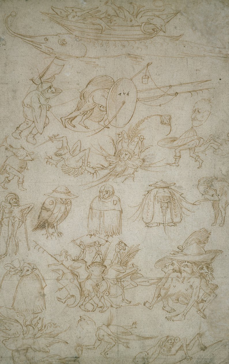 Grotesque Studies (verso), 1400-luku (kynä ja bistre paperilla) tekijältä Hieronymus Bosch