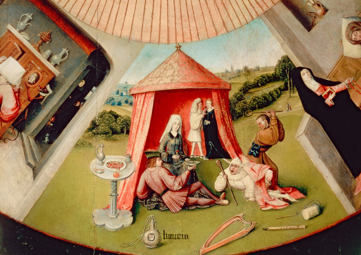 Luksus, yksityiskohta Seitsemän kuolemansynnistä ja neljästä viimeisestä jutusta, n. 1480 (yksityiskohta 169586) tekijältä Hieronymus Bosch