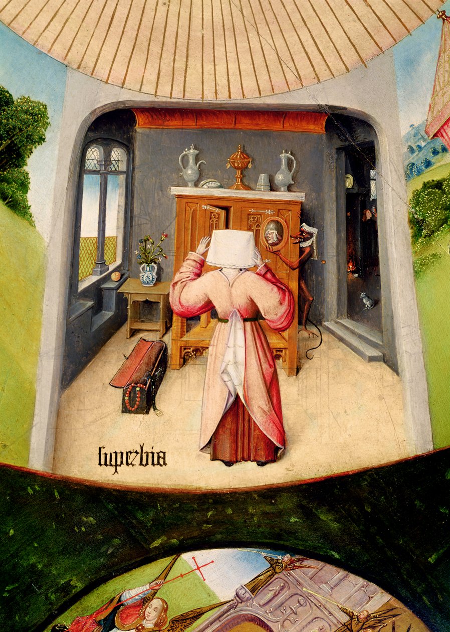 Ylpeys, yksityiskohta seitsemän kuolemansynnin ja neljän viimeisen asian taulukosta, n. 1480 (öljy puulle) (katso myös 169586) tekijältä Hieronymus Bosch