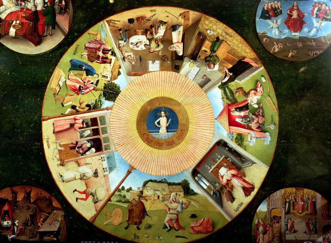 Seitsemän kuolemansynnin ja neljän viimeisen asian pöytälevy (yksityiskohta 169586) tekijältä Hieronymus Bosch