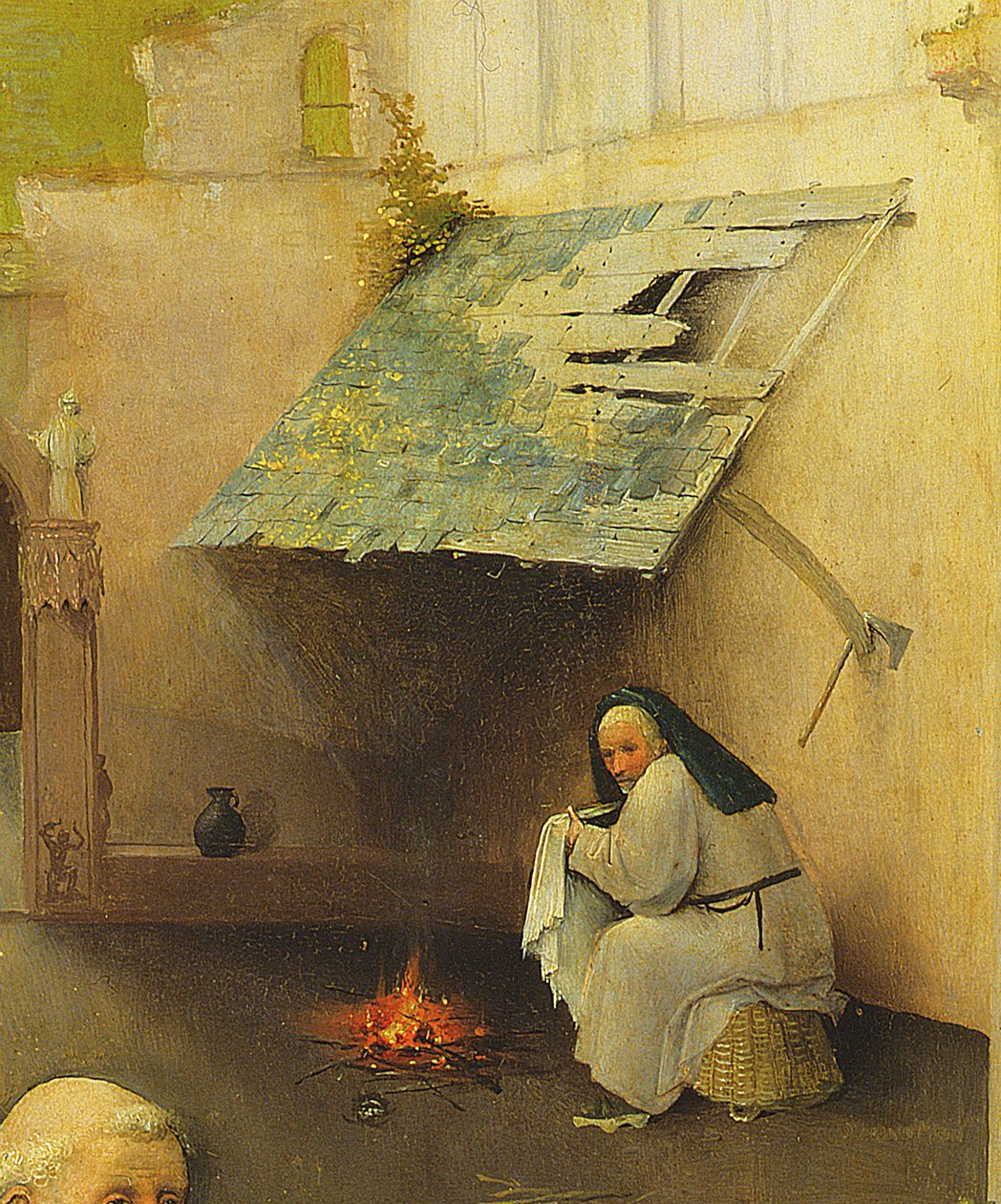 The Adoration of the Magi, yksityiskohta taustahahmosta, 1510 öljytaulun yksityiskohta numerosta 3427 tekijältä Hieronymus Bosch