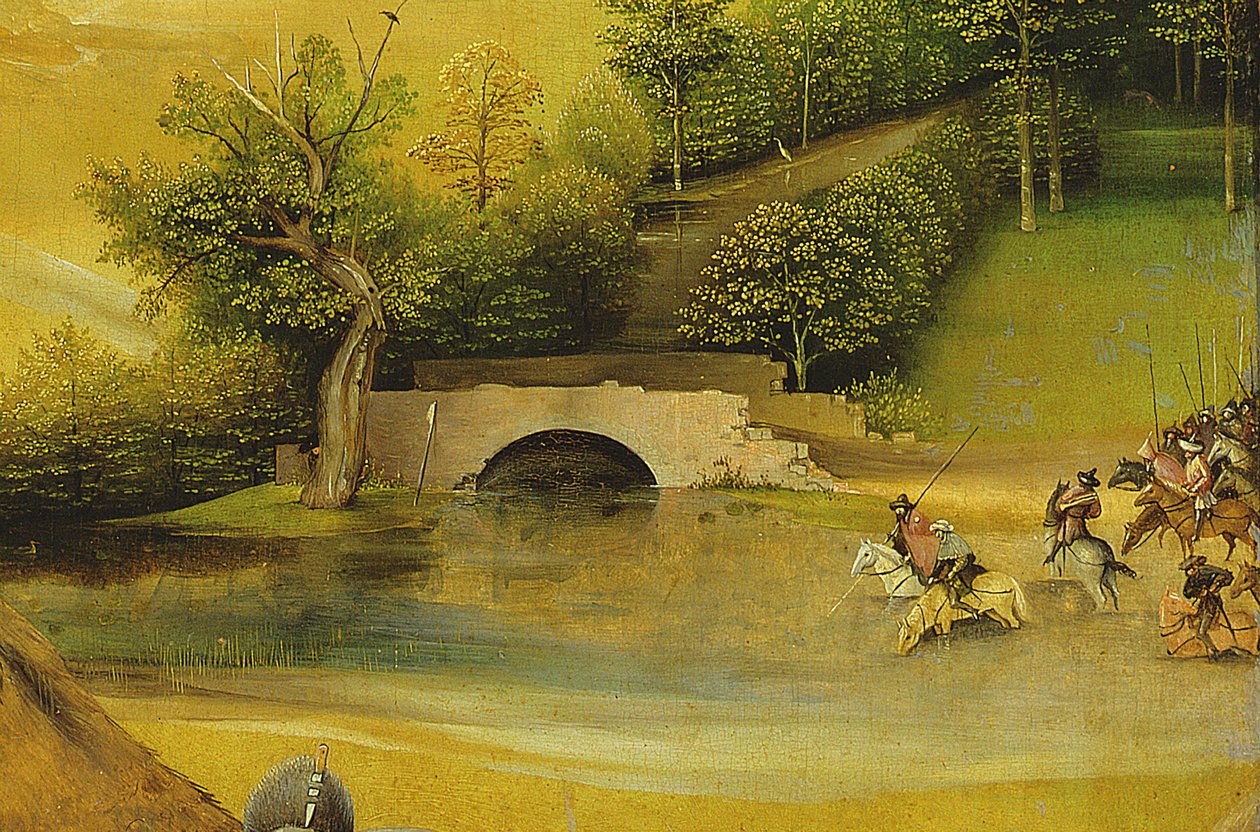 The Adoration of the Magi, yksityiskohta taustasta, 1510 öljytaulun yksityiskohta numerosta 3427 tekijältä Hieronymus Bosch