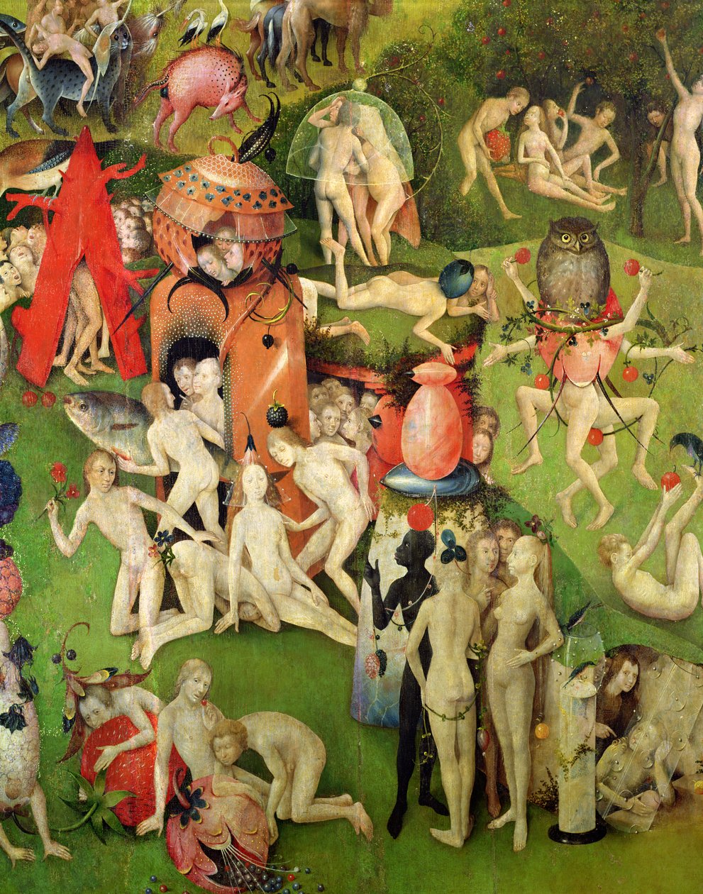 Maallisten ilojen puutarha: Ylellisyyden allegoria, triptyykin keskitaulu, noin 1500 (yksityiskohta). tekijältä Hieronymus Bosch