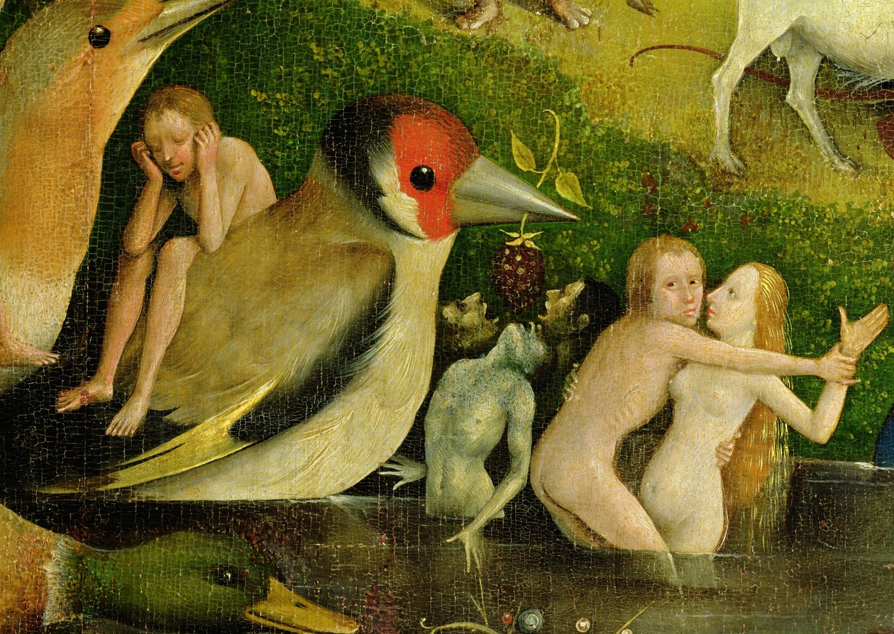 The Garden of Earthly Delights: Allegory of Luxury, keskellä oleva triptyykki, yksityiskohta vedessä olevasta pariskunnasta ja linnusta, n. 1500 (yksityiskohta 420) tekijältä Hieronymus Bosch