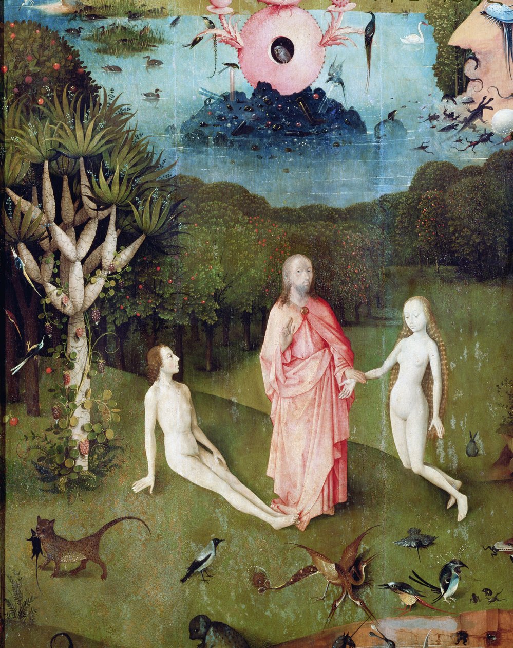 Maallisten ilojen puutarha: Eedenin puutarha, triptyykin vasen siipi, noin 1500 (yksityiskohta kuvasta 37912). tekijältä Hieronymus Bosch