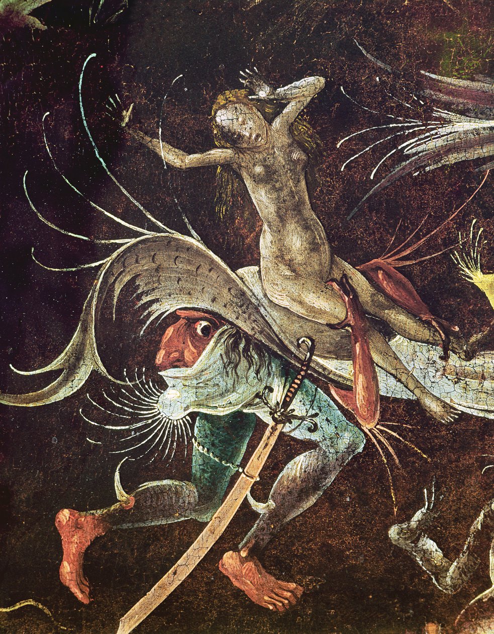 Viimeinen tuomio, yksityiskohta naisesta, jota demoni kantaa mukanaan, n. 1504 tekijältä Hieronymus Bosch