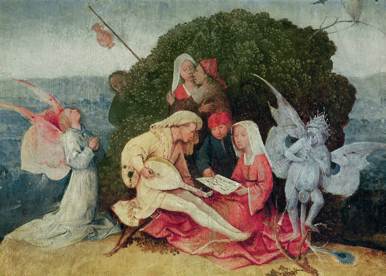 Muusikot vaunun päällä, yksityiskohta The Haywain Triptychin keskipaneelista, n. 1515 öljy paneelissa yksityiskohta numerosta 3429 tekijältä Hieronymus Bosch