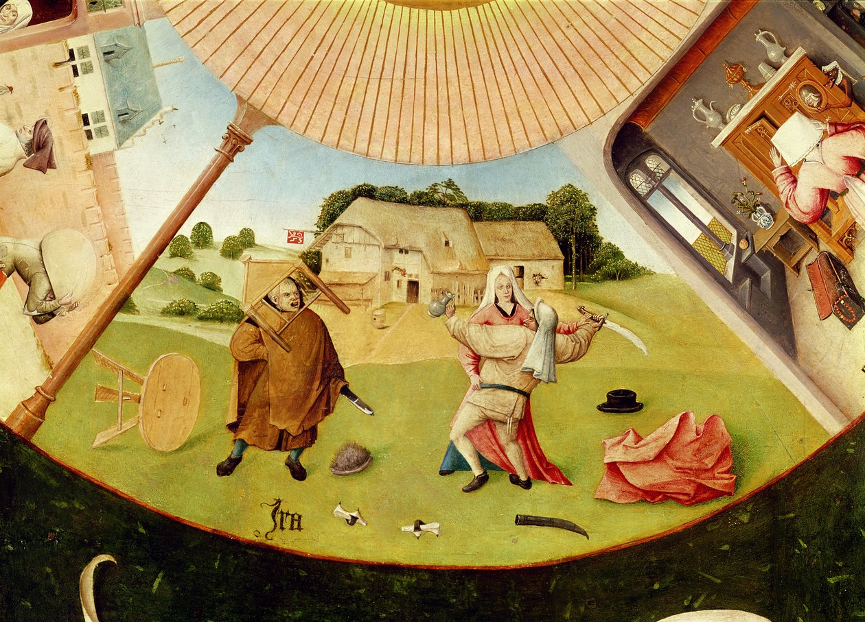 Viha, yksityiskohta seitsemän kuolemansynnin ja neljän viimeisen asian taulukosta, n. 1480 tekijältä Hieronymus Bosch