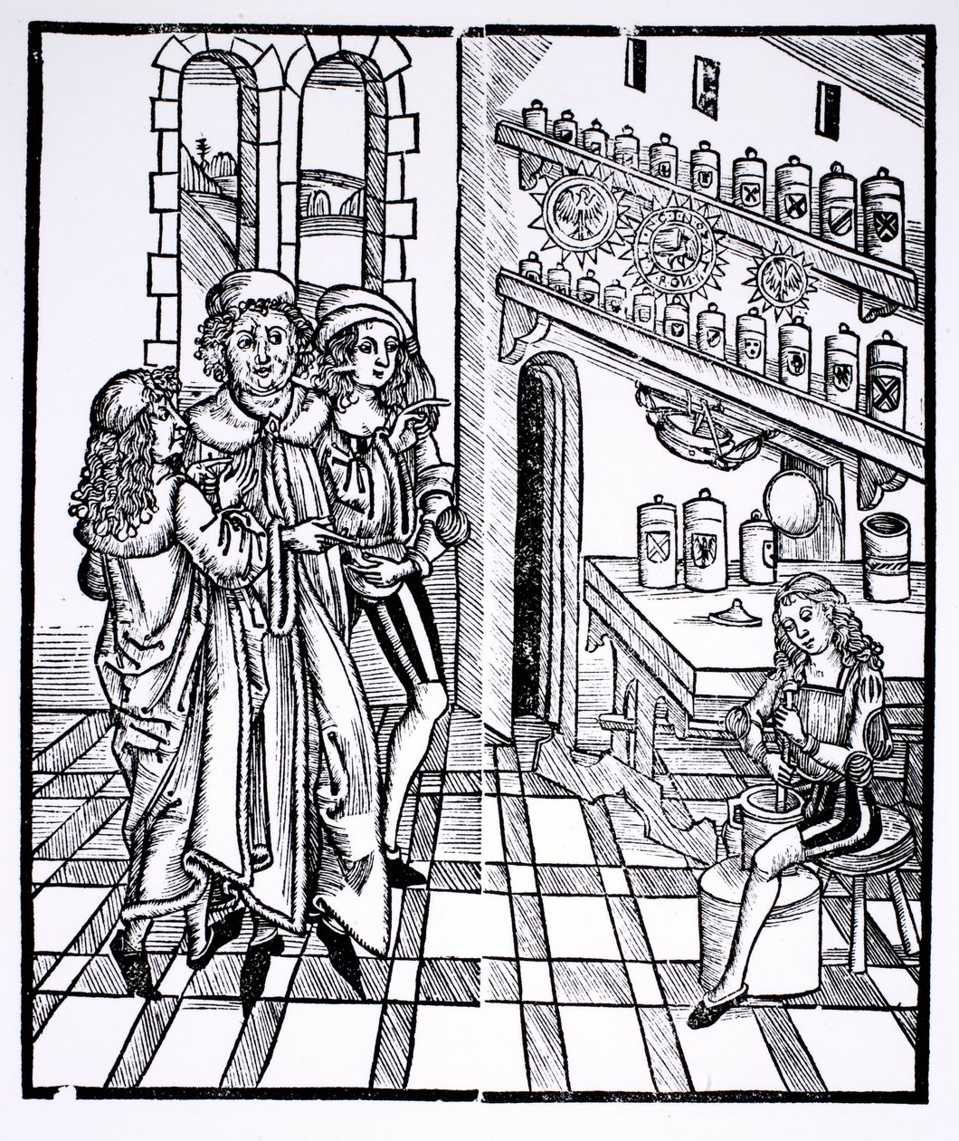 Apteekkikauppa, "Das Buch der Cirugia", julkaistu Strasbourgissa, 1497 tekijältä Hieronymus Brunschwig