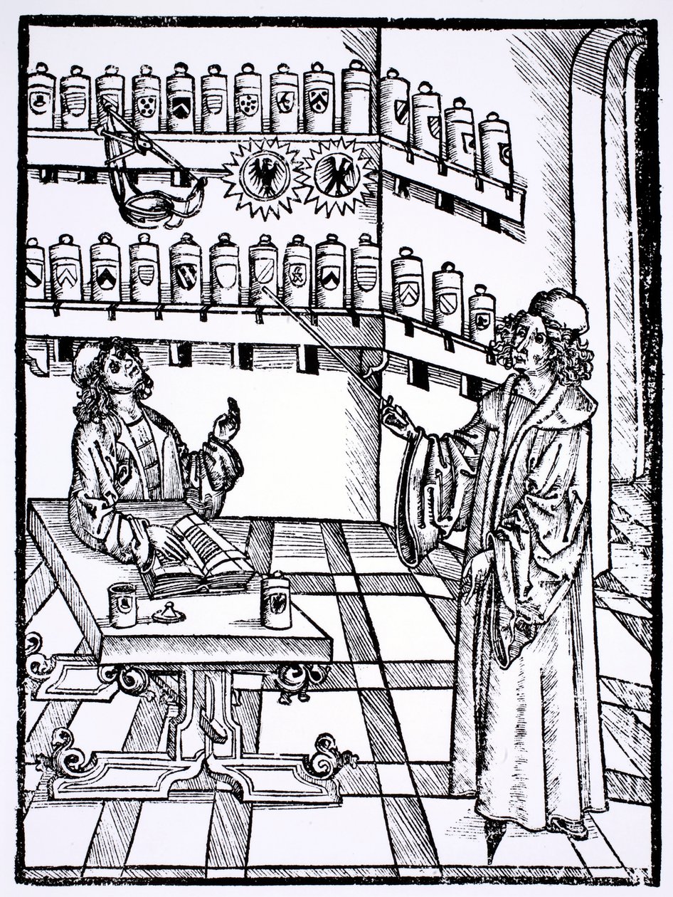 Apteekkikauppa, "Das Buch der Cirugia" julkaisi Strasbourgissa vuonna 1497 tekijältä Hieronymus Brunschwig