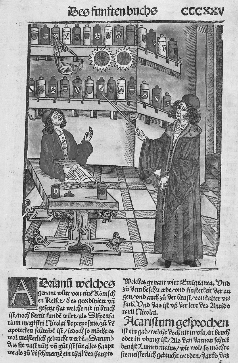 Apteekkikauppa, "Das Buch der Cirugia", julkaistu Strasbourgissa, 1497 tekijältä Hieronymus Brunschwig