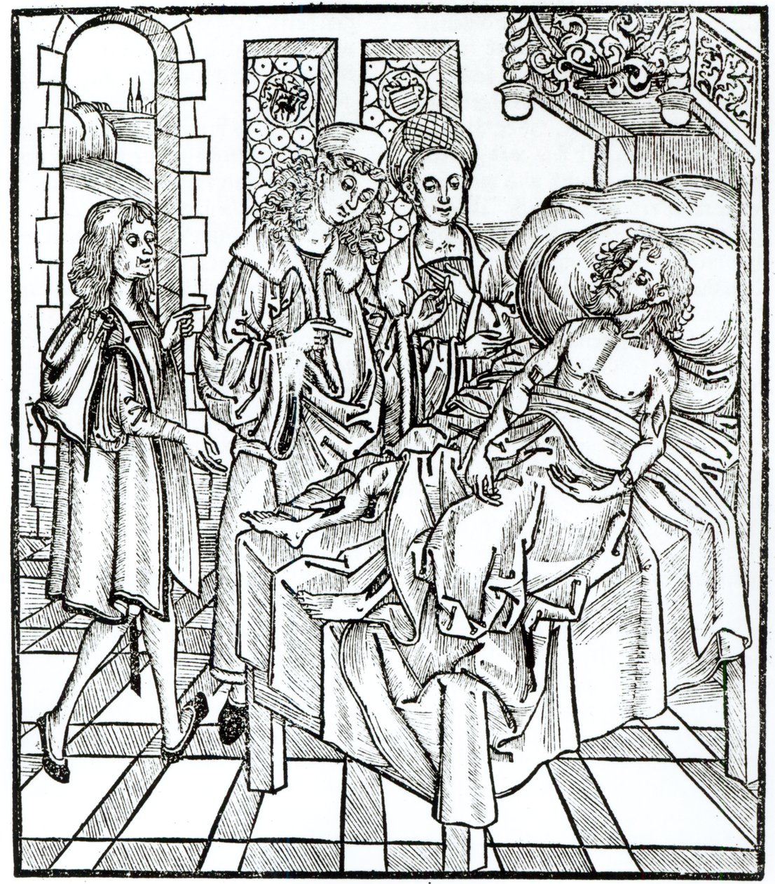 Kirurgi ja avustajat vierailevat vakavasti haavoittuneen miehen luona, Strasbourgissa vuonna 1497 julkaistusta Das Buch der Cirugiasta tekijältä Hieronymus Brunschwig