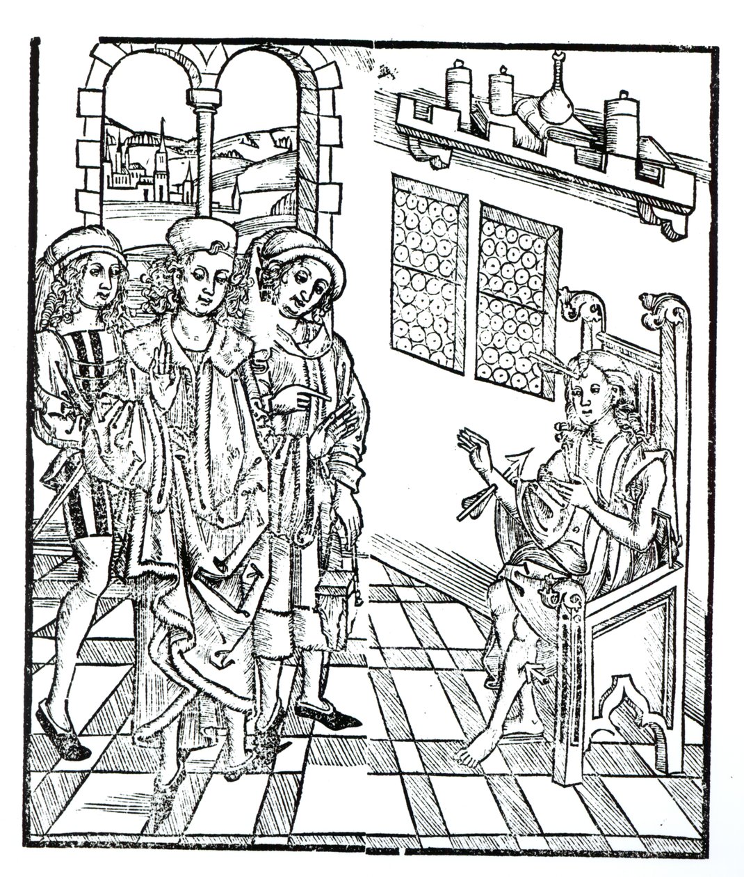 Kirurgi vierailee miehen luona, jolla on nuolihaavoja, "Das Buch der Cirugia", julkaistu Strasbourgissa, 1497 tekijältä Hieronymus Brunschwig